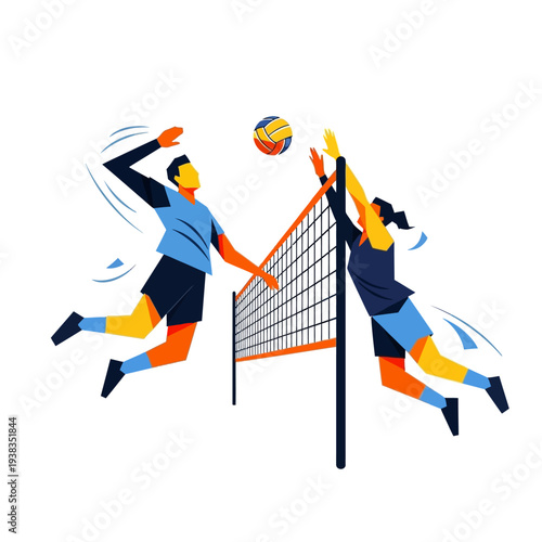 Dynamic Volleyball Match: Players Jumping at Net, Action Shot Illustration
