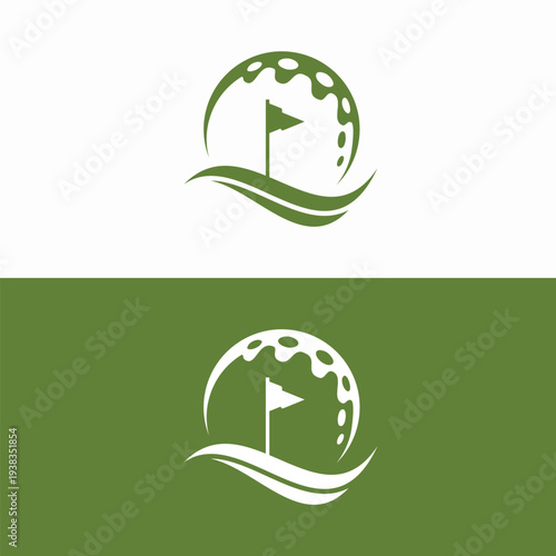 Golf ball with flag and waves green and white logo design.