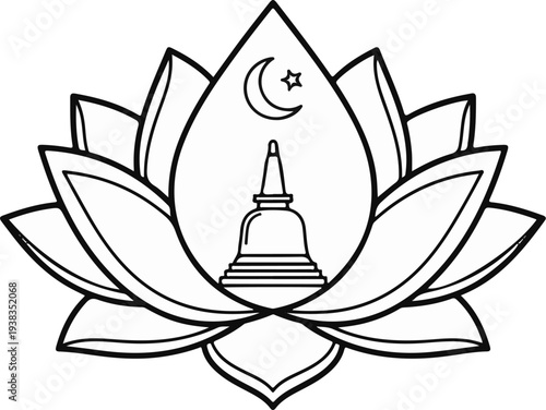 Stylized lotus flower with Buddhist stupa and crescent moon and star emblem