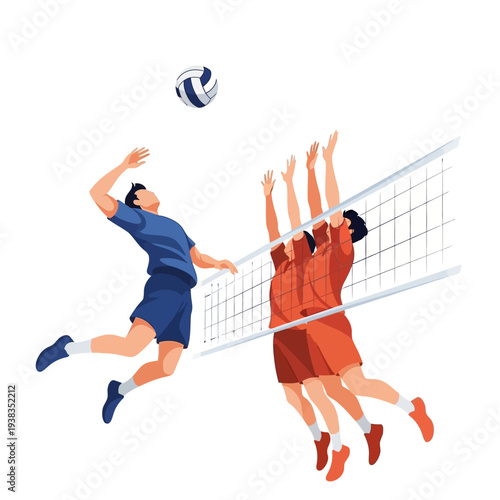 Volleyball action: player spikes ball over net against blockers