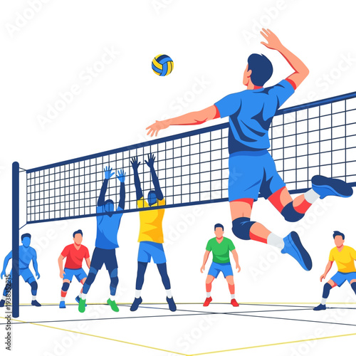 Volleyball game illustration: players jumping, spiking, and blocking at net