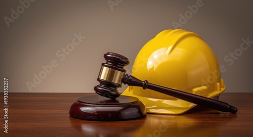 Worksite labor law represented by judge s gavel and hard hat alongside copy space