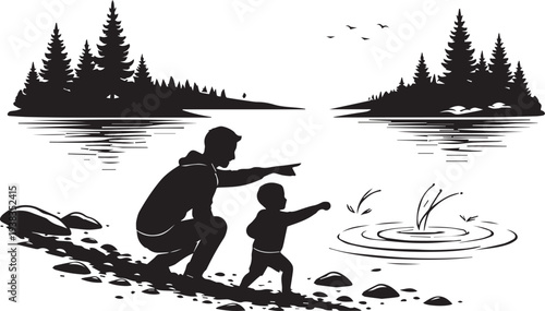 Father Teaching Child to Throw Stones in Lake