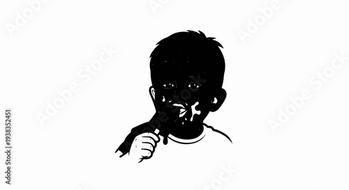 A child's face smeared with white, eating a dark treat on a stick