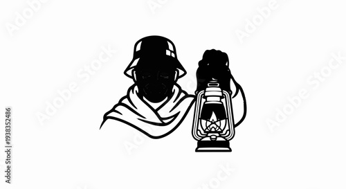 Silhouette of a figure in a helmet holding a lit lantern
