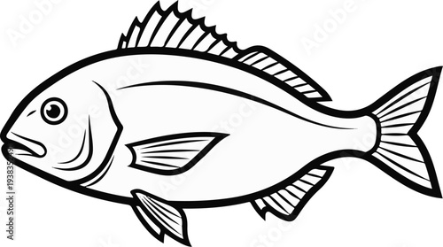 A stylized black and white illustration of a single fish with detailed fins and scales
