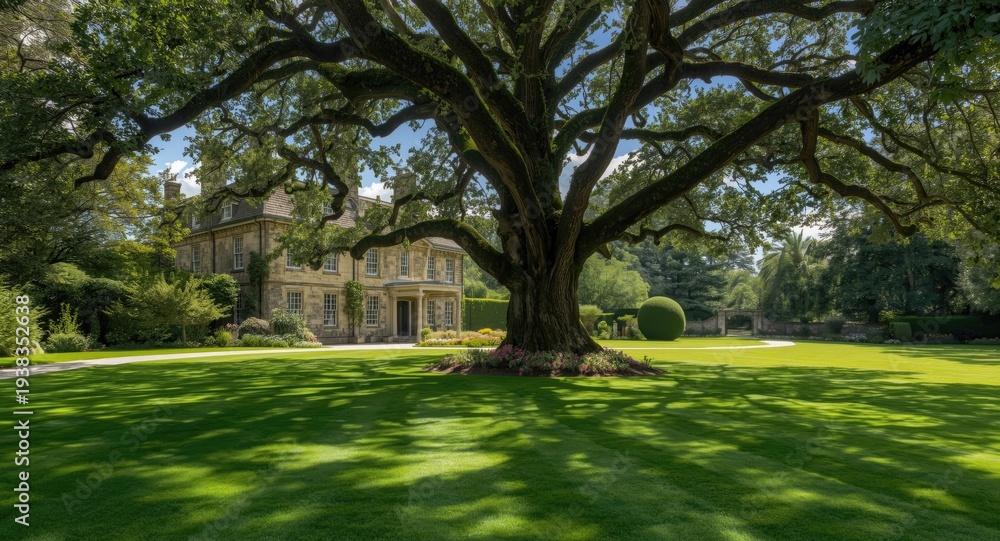 Fototapeta premium Manicured garden and a large tree beside a stately house with a vibrant green lawn