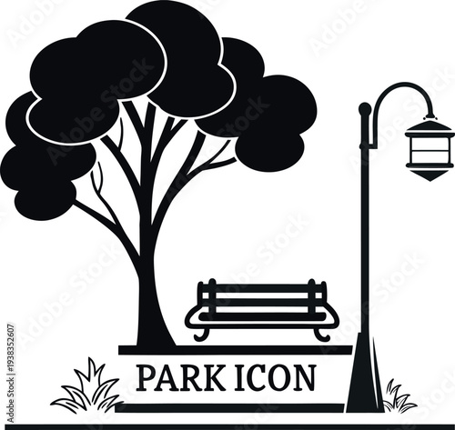 Black silhouette park icon with tree, bench, and street lamp
