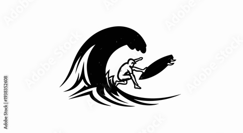 Surfer riding a large wave, rendered in black and white outline