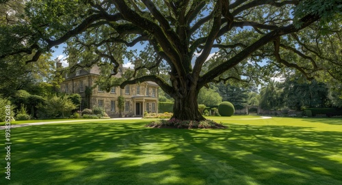 Manicured garden and a large tree beside a stately house with a vibrant green lawn