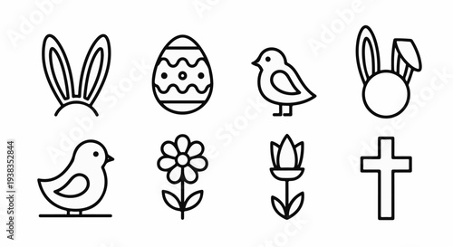 Collection of simple black and white line art icons for Easter themes