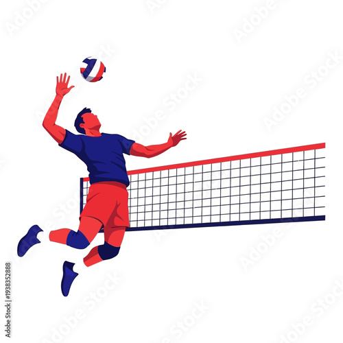 Volleyball Player Jumping to Spike Ball Over Net - Dynamic Action Illustration