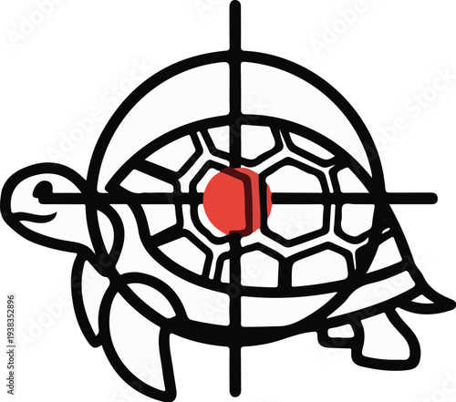 Stylized tortoise silhouette within a crosshair, with a red circle