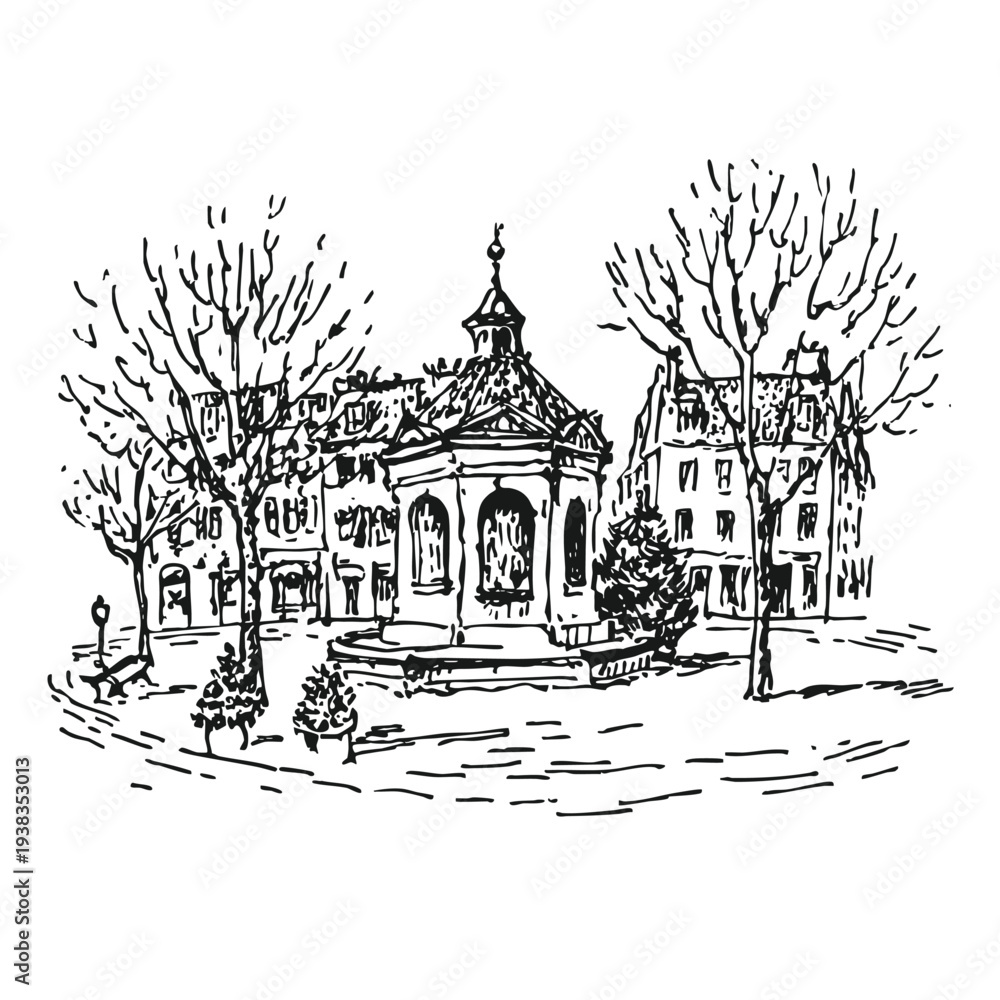 Fototapeta premium Black and white ink drawing of a classic European square
