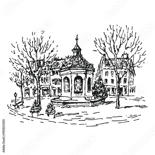 Black and white ink drawing of a classic European square