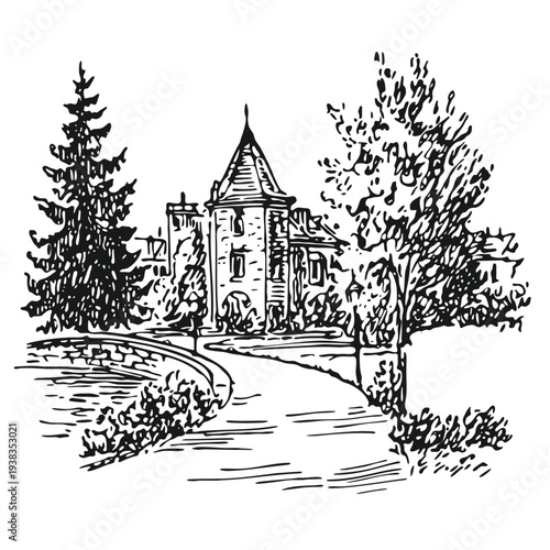 Hand-drawn winter city park sketch with old tower and Christmas tree