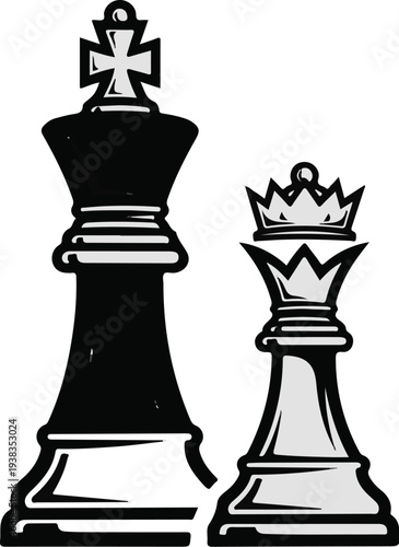 Two chess pieces, a king and a queen, are shown in black and white