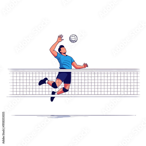 Volleyball player jumping to spike ball over net, dynamic action sport illustration