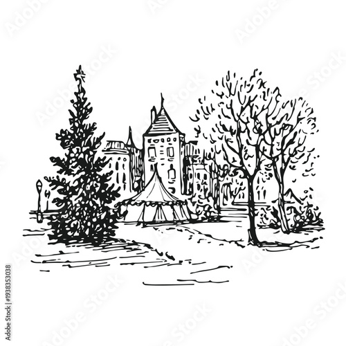 Hand-drawn winter park sketch with Christmas tree and festive tent