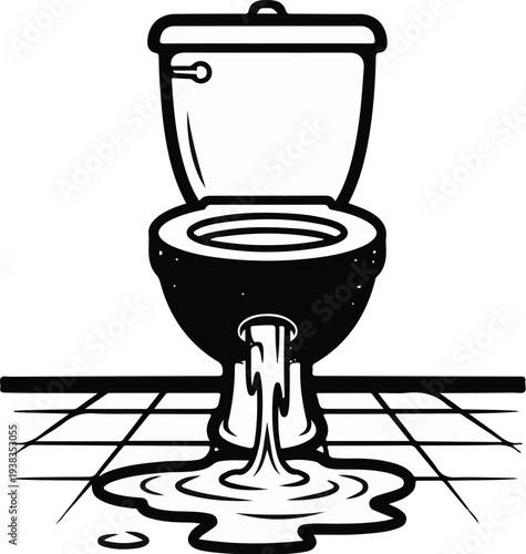 A black and white illustration depicts a overflowing toilet with water spilling onto a tiled floor