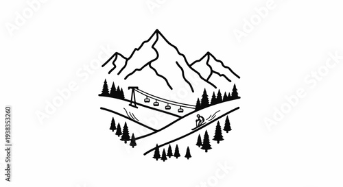 Black and white line art of a mountain ski resort with a snowboarder