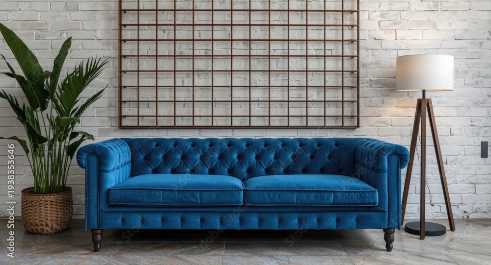 Obraz premium Contemporary lounge area with blue quilted sofa, white brick wall and brown grid backdrop, decorated with plant and lamp
