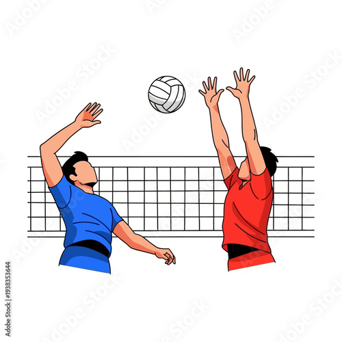Volleyball Players Competing at Net, Action Shot, Sports Illustration