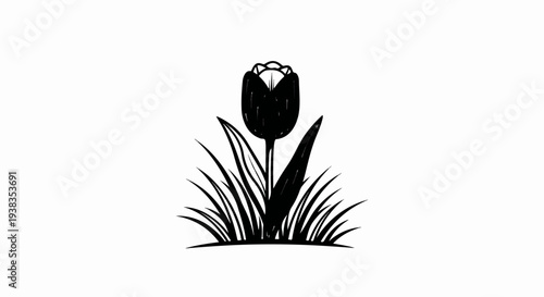Black and white sketch of a single tulip in bloom with blades of grass
