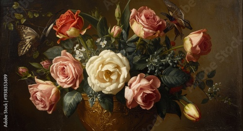 Dutch old master style oil painting on canvas with still roses and tulips bouquet