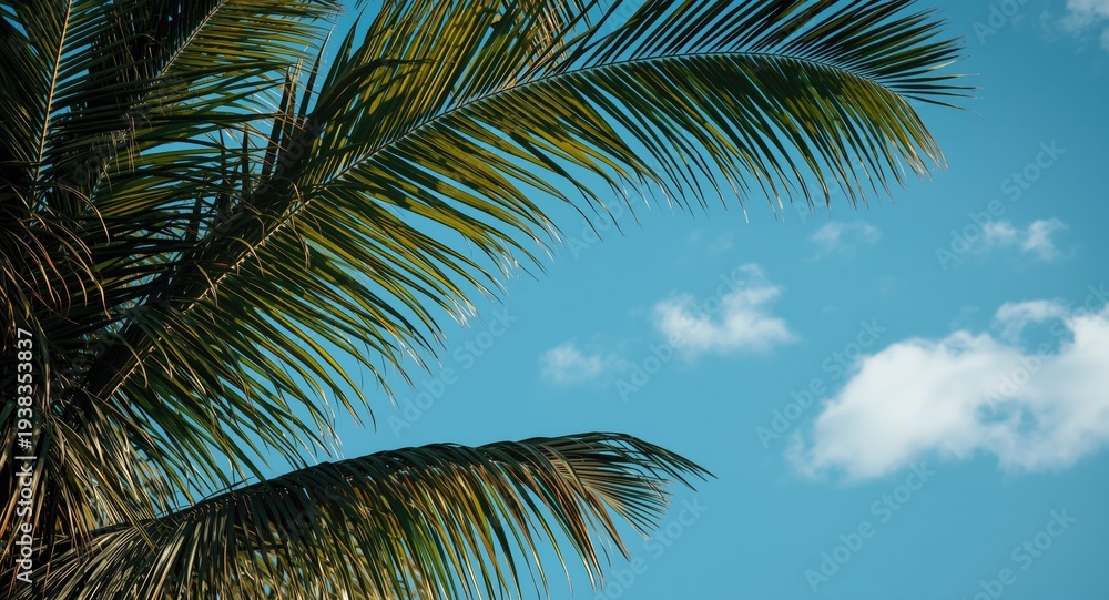 Obraz premium Tropical palm frond layout with strong shadow contrasts and copy space
