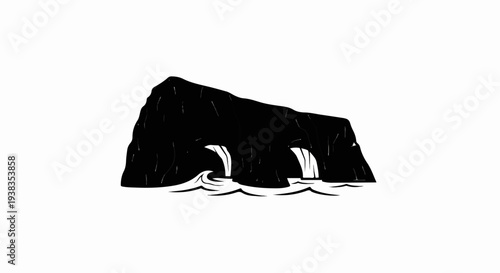 Black rock formation with water cascading through openings