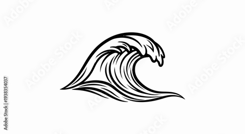 Stylized black ink drawing of a breaking ocean wave