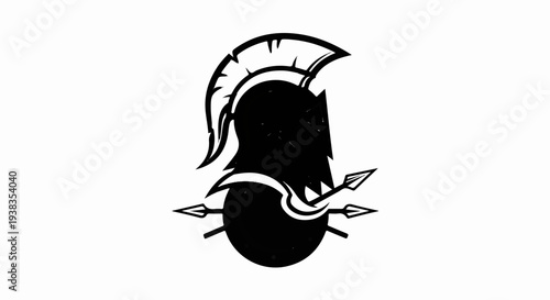 Stylized black silhouette of a warrior helmet with crossed spears
