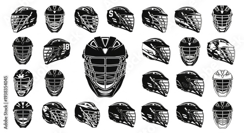 Collection of Various Sports Helmets and Protective Gear.