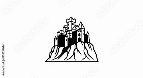 Stylized black and white illustration of a castle atop a rocky hill
