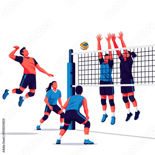 Volleyball players in action, spiking, blocking, and defending on white background
