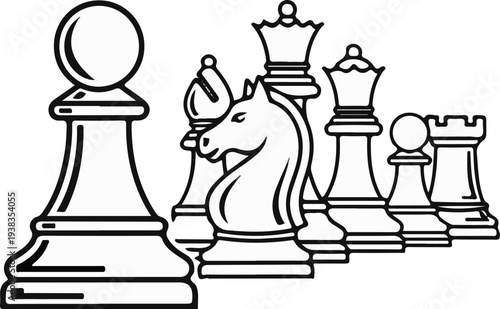 A line of chess pieces pawn, bishop, knight, queen, pawn, rook