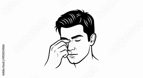 A man is rubbing his eyes with his fingers in a black and white drawing