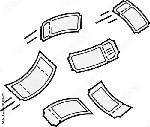 A collection of blank tickets, some with dashed lines, scattered across white