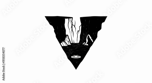 Stylized black and white inverted triangle depicting a rocky chasm with water