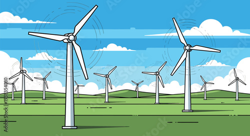 Wind Turbines Generating Clean Energy in Green Field Under Blue Sky