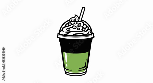 Green iced beverage in a clear cup with whipped cream and coffee beans