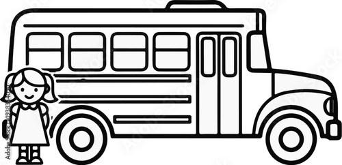 A child in a dress stands next to a school bus