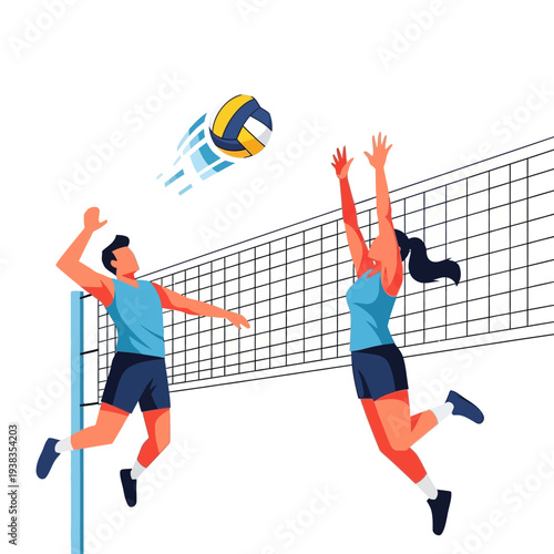 Volleyball Players Jumping Over Net, Action Sport Game