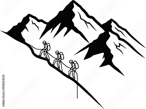 Three climbers rappelling down a steep mountain face with a jagged peak