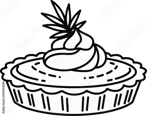 A black and white line drawing of a decorative pastry with whipped cream and leaves