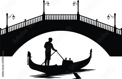 Black silhouette of a gondolier and gondola under a bridge vector