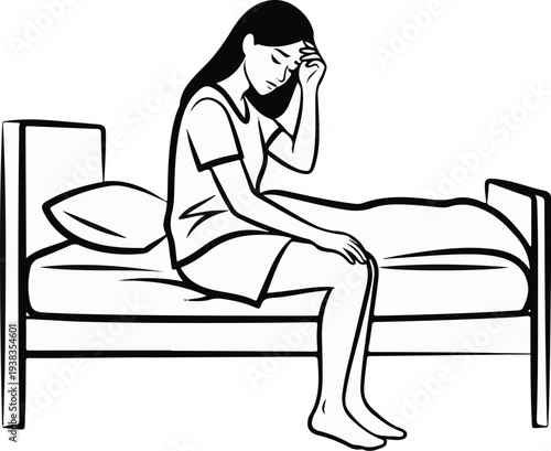 Woman sitting on bed holding her head, looking distressed