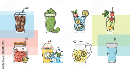 A collection of various refreshing cold beverages and drinks, including iced coffee, smoothies, lemonade, and fruit-infused water, in a flat vector illustration style.