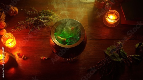 Wooden table with a steaming cauldron of green potion, surrounded by dried herbs and candlelight.